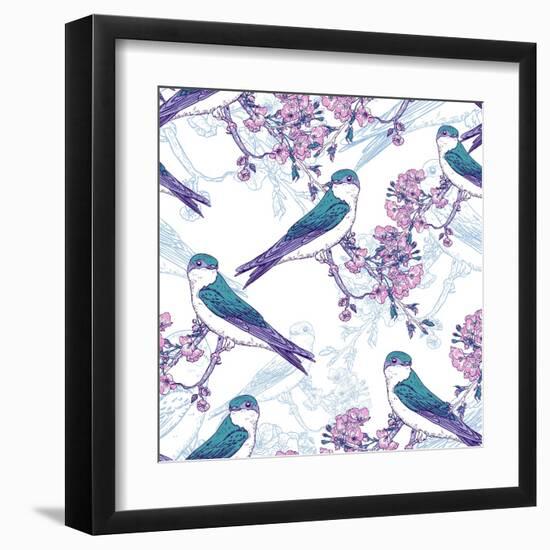 Spring Cherry Pattern with Birds-Varvara Kurakina-Framed Art Print