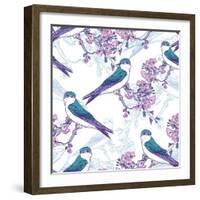 Spring Cherry Pattern with Birds-Varvara Kurakina-Framed Art Print