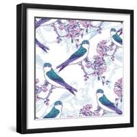 Spring Cherry Pattern with Birds-Varvara Kurakina-Framed Art Print