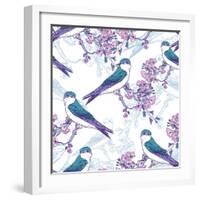 Spring Cherry Pattern with Birds-Varvara Kurakina-Framed Art Print