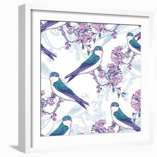 Spring Cherry Pattern with Birds-Varvara Kurakina-Framed Art Print