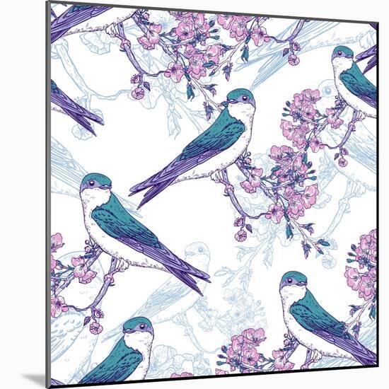 Spring Cherry Pattern with Birds-Varvara Kurakina-Mounted Art Print
