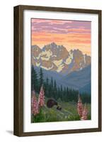 Spring Flowers and Bear Family Mountains-Lantern Press-Framed Art Print
