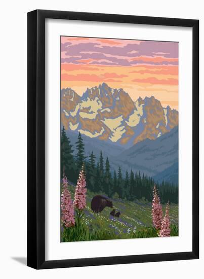 Spring Flowers and Bear Family Mountains-Lantern Press-Framed Art Print