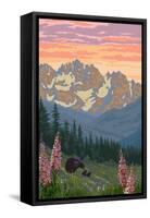 Spring Flowers and Bear Family Mountains-Lantern Press-Framed Stretched Canvas