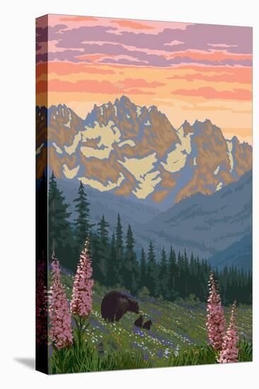 Spring Flowers and Bear Family Mountains-Lantern Press-Stretched Canvas