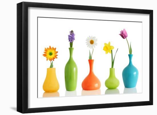Spring Flowers In Vases Isolated On White-Acik-Framed Art Print