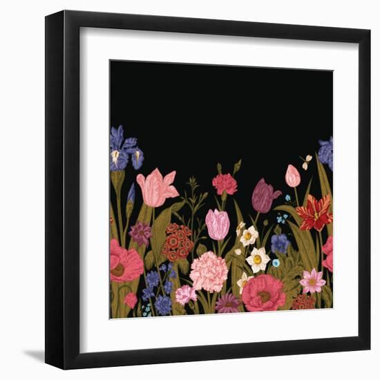 Spring Flowers. Seamless Floral Border. Colorful Poppies Iris Tulips Carnations Primroses Daffodils-Olga Korneeva-Framed Art Print
