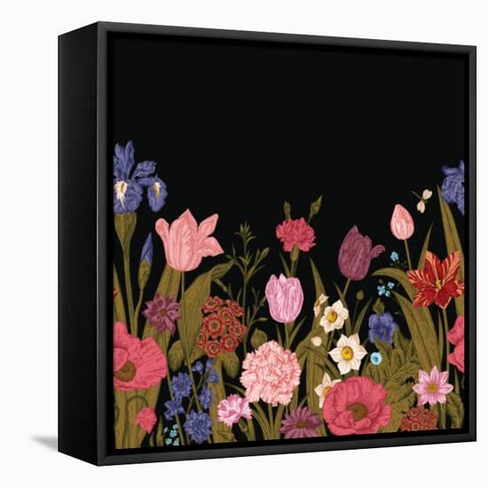 Spring Flowers. Seamless Floral Border. Colorful Poppies Iris Tulips Carnations Primroses Daffodils-Olga Korneeva-Framed Stretched Canvas