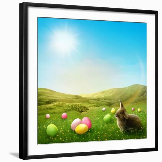 Spring Meadow with Rabbit and Easter Eggs-egal-Framed Photographic Print