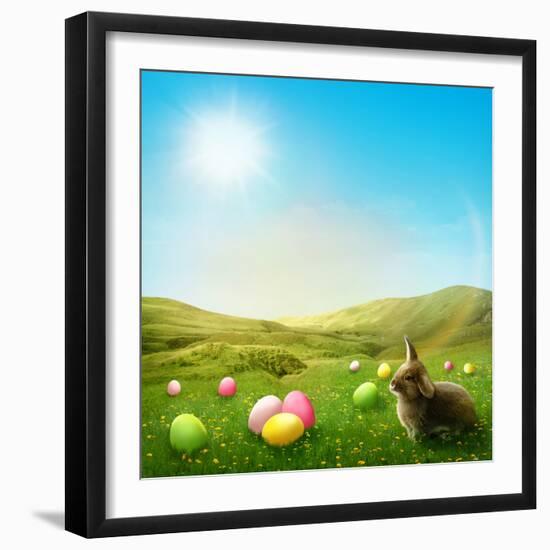 Spring Meadow with Rabbit and Easter Eggs-egal-Framed Photographic Print