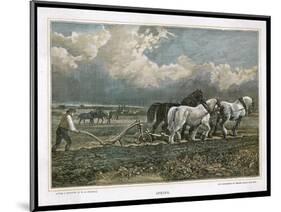 Spring, Ploughing the Field with Three Shire Horses-null-Mounted Art Print