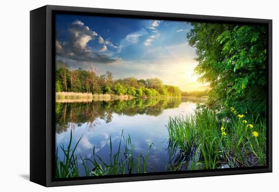 Spring River and Green Forest at Sunset-Givaga-Framed Stretched Canvas