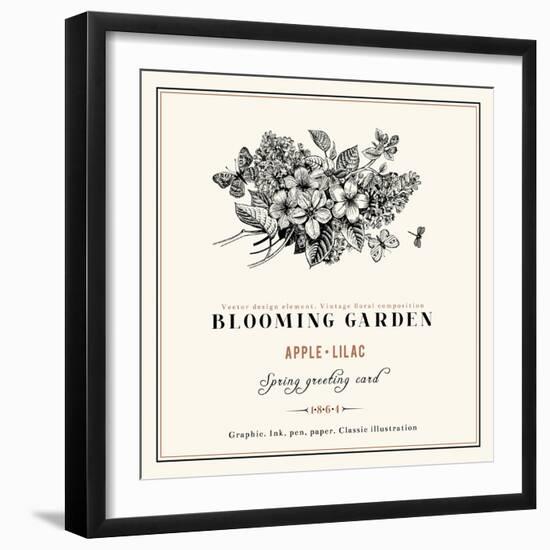 Spring Vector Vintage Floral Background Black and White Composition of Branches of Lilac and Apple-Olga Korneeva-Framed Art Print