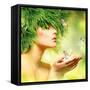 Spring Woman. Beauty Summer Girl with Grass Hair and Green Makeup. Butterflies. Nature Style. Envir-Subbotina Anna-Framed Stretched Canvas