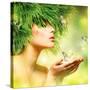 Spring Woman. Beauty Summer Girl with Grass Hair and Green Makeup. Butterflies. Nature Style. Envir-Subbotina Anna-Stretched Canvas