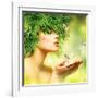 Spring Woman. Beauty Summer Girl with Grass Hair and Green Makeup. Butterflies. Nature Style. Envir-Subbotina Anna-Framed Photographic Print