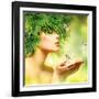 Spring Woman. Beauty Summer Girl with Grass Hair and Green Makeup. Butterflies. Nature Style. Envir-Subbotina Anna-Framed Photographic Print