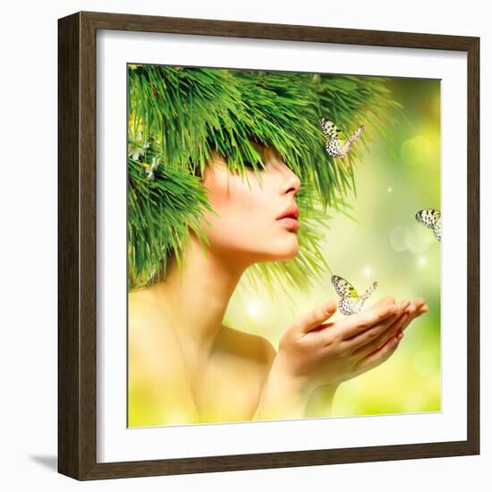 Spring Woman. Beauty Summer Girl with Grass Hair and Green Makeup. Butterflies. Nature Style. Envir-Subbotina Anna-Framed Photographic Print