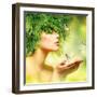 Spring Woman. Beauty Summer Girl with Grass Hair and Green Makeup. Butterflies. Nature Style. Envir-Subbotina Anna-Framed Photographic Print