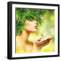 Spring Woman. Beauty Summer Girl with Grass Hair and Green Makeup. Butterflies. Nature Style. Envir-Subbotina Anna-Framed Photographic Print