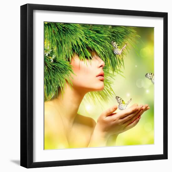 Spring Woman. Beauty Summer Girl with Grass Hair and Green Makeup. Butterflies. Nature Style. Envir-Subbotina Anna-Framed Photographic Print