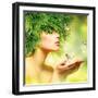 Spring Woman. Beauty Summer Girl with Grass Hair and Green Makeup. Butterflies. Nature Style. Envir-Subbotina Anna-Framed Photographic Print