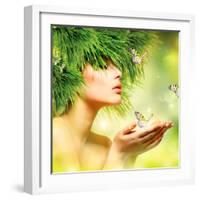 Spring Woman. Beauty Summer Girl with Grass Hair and Green Makeup. Butterflies. Nature Style. Envir-Subbotina Anna-Framed Photographic Print