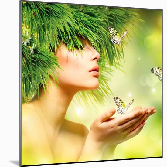 Spring Woman. Beauty Summer Girl with Grass Hair and Green Makeup. Butterflies. Nature Style. Envir-Subbotina Anna-Mounted Photographic Print