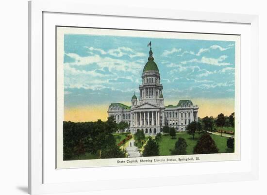 Springfield, Illinois - Capitol Building and Lincoln Statue-Lantern Press-Framed Premium Giclee Print