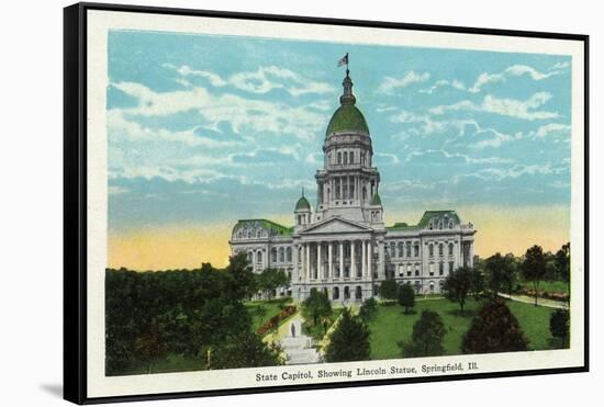 Springfield, Illinois - Capitol Building and Lincoln Statue-Lantern Press-Framed Stretched Canvas