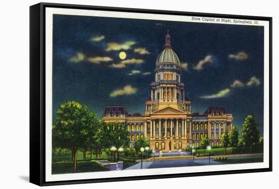 Springfield, Illinois, Exterior View of the State Capitol Building at Night-Lantern Press-Framed Stretched Canvas