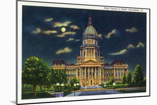 Springfield, Illinois, Exterior View of the State Capitol Building at Night-Lantern Press-Mounted Art Print