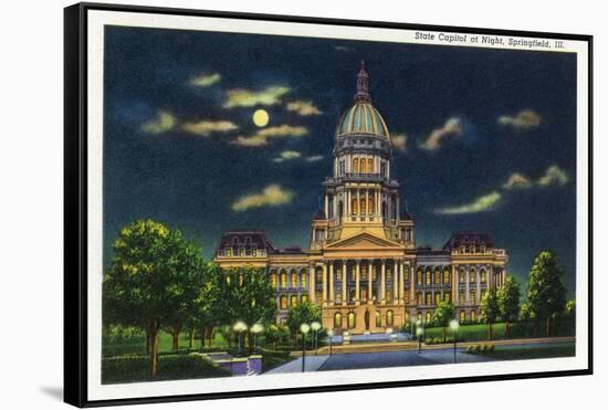 Springfield, Illinois, Exterior View of the State Capitol Building at Night-Lantern Press-Framed Stretched Canvas