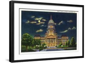 Springfield, Illinois, Exterior View of the State Capitol Building at Night-Lantern Press-Framed Art Print