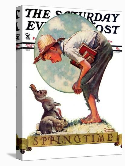 "Springtime, 1935 boy with bunny" Saturday Evening Post Cover, April 27,1935-Norman Rockwell-Stretched Canvas