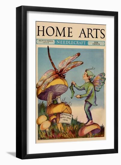 Sprite Needs His Socks Darned By a Dragonfly Who Is Sitting On a Mushroom-null-Framed Art Print