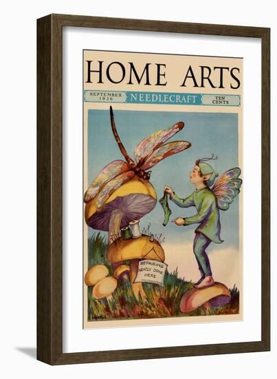 Sprite Needs His Socks Darned by a Dragonfly Who Is Sitting on a Mushroom-Home Arts-Framed Art Print