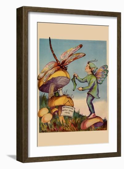 Sprite Needs His Socks Darned By a Dragonfly Who Is Sitting On a Mushroom-null-Framed Art Print