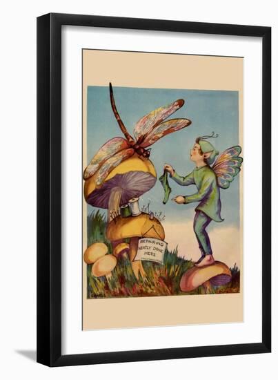 Sprite Needs His Socks Darned By a Dragonfly Who Is Sitting On a Mushroom-null-Framed Art Print