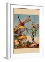 Sprite Needs His Socks Darned By a Dragonfly Who Is Sitting On a Mushroom-null-Framed Art Print