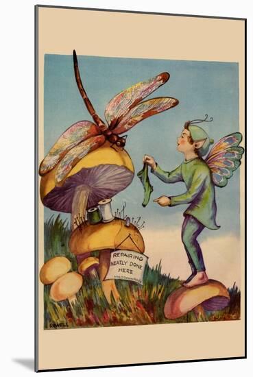 Sprite Needs His Socks Darned By a Dragonfly Who Is Sitting On a Mushroom-null-Mounted Art Print