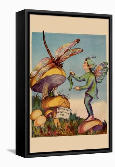 Sprite Needs His Socks Darned By a Dragonfly Who Is Sitting On a Mushroom-null-Framed Stretched Canvas