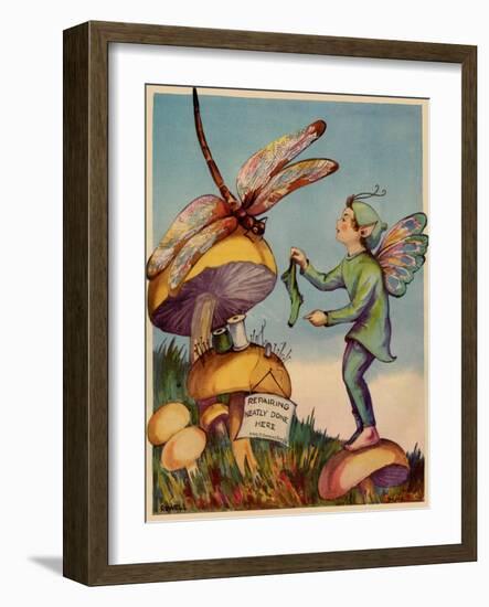 Sprite Needs His Socks Darned By a Dragonfly Who Is Sitting On a Mushroom-null-Framed Art Print