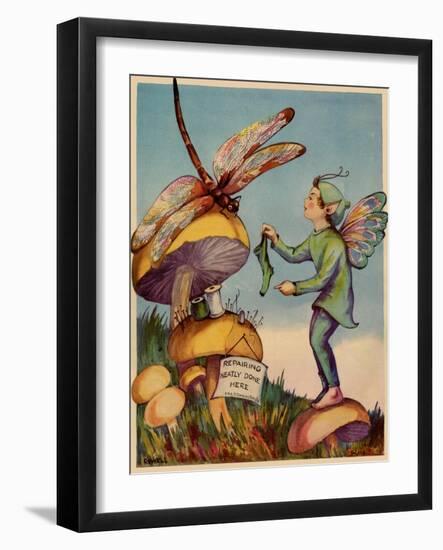 Sprite Needs His Socks Darned By a Dragonfly Who Is Sitting On a Mushroom-null-Framed Art Print