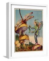 Sprite Needs His Socks Darned By a Dragonfly Who Is Sitting On a Mushroom-null-Framed Art Print