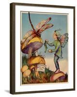 Sprite Needs His Socks Darned By a Dragonfly Who Is Sitting On a Mushroom-null-Framed Art Print