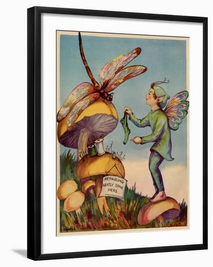 Sprite Needs His Socks Darned By a Dragonfly Who Is Sitting On a Mushroom-null-Framed Art Print