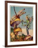 Sprite Needs His Socks Darned By a Dragonfly Who Is Sitting On a Mushroom-null-Framed Art Print