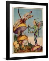 Sprite Needs His Socks Darned By a Dragonfly Who Is Sitting On a Mushroom-null-Framed Art Print